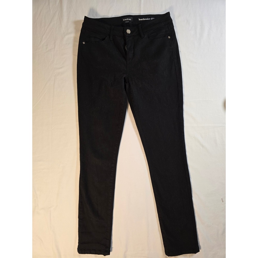 Bebe Heartbreaker Skinny Jeans Black Denim Mid Rise Slim Fit Size 28